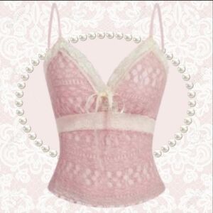Pink babydoll lace trim coquette cami tank top
